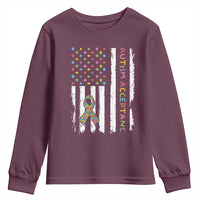 Autism Acceptance Youth Sweatshirt American Flag Neurodivergent Support Ribbon Puzzle