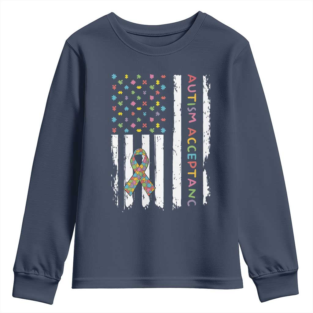 Autism Acceptance Youth Sweatshirt American Flag Neurodivergent Support Ribbon Puzzle