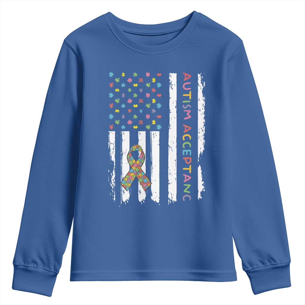 Autism Acceptance Youth Sweatshirt American Flag Neurodivergent Support Ribbon Puzzle