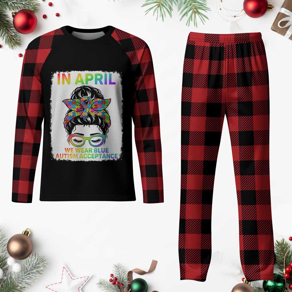 Autism Acceptance Plaid Pajama Set Neurodivergent Support Messy Bun Ribbon Puzzle