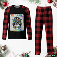 Autism Acceptance Plaid Pajama Set Neurodivergent Support Messy Bun Ribbon Puzzle