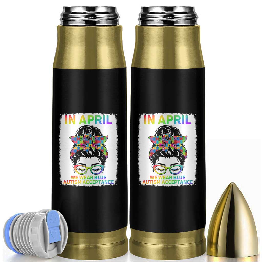 Autism Acceptance Bullet Tumbler Neurodivergent Support Messy Bun Ribbon Puzzle