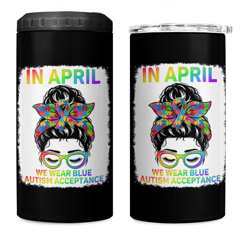 Autism Acceptance 4 in 1 Can Cooler Tumbler Neurodivergent Support Messy Bun Ribbon Puzzle