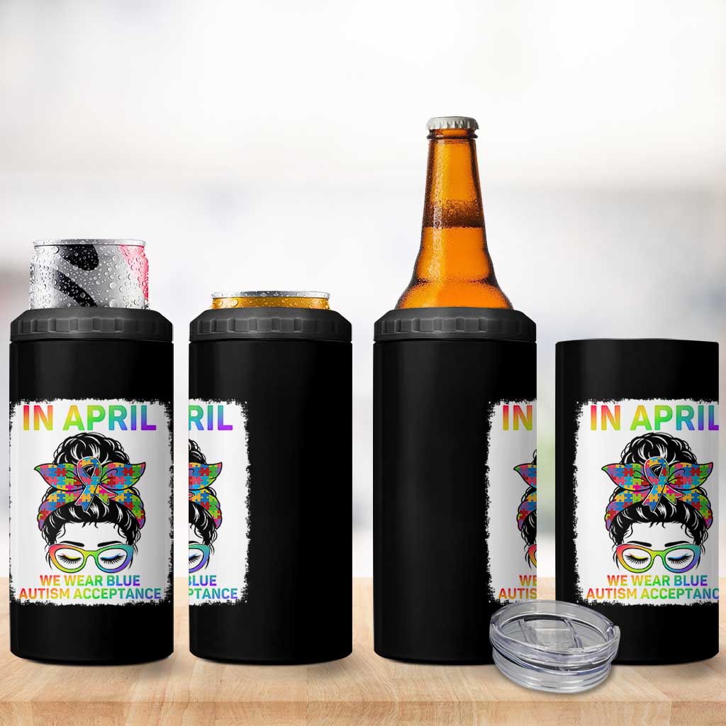 Autism Acceptance 4 in 1 Can Cooler Tumbler Neurodivergent Support Messy Bun Ribbon Puzzle