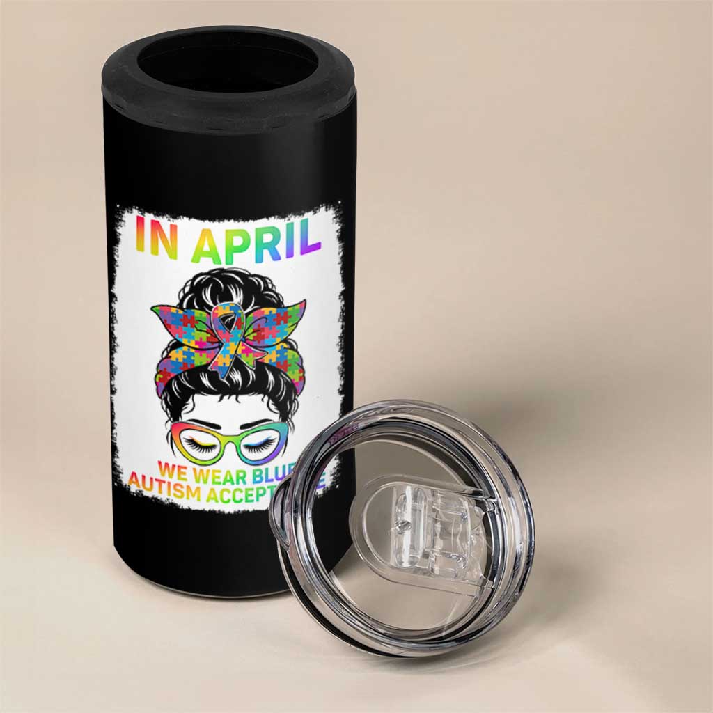 Autism Acceptance 4 in 1 Can Cooler Tumbler Neurodivergent Support Messy Bun Ribbon Puzzle