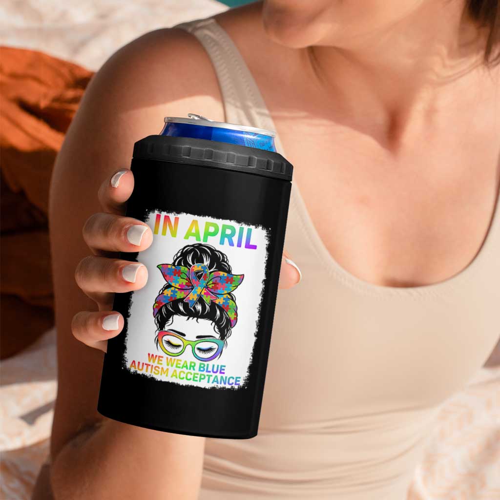 Autism Acceptance 4 in 1 Can Cooler Tumbler Neurodivergent Support Messy Bun Ribbon Puzzle