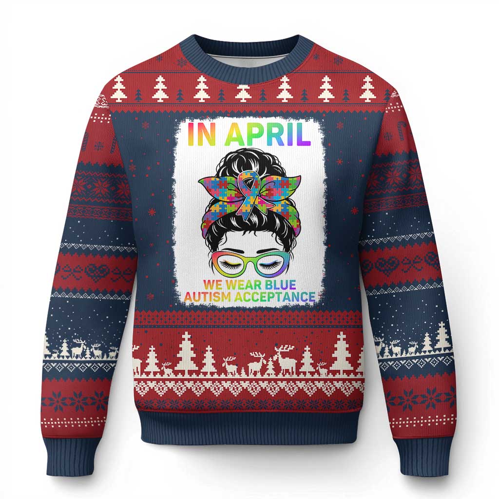 Autism Acceptance Ugly Christmas Sweater Neurodivergent Support Messy Bun Ribbon Puzzle