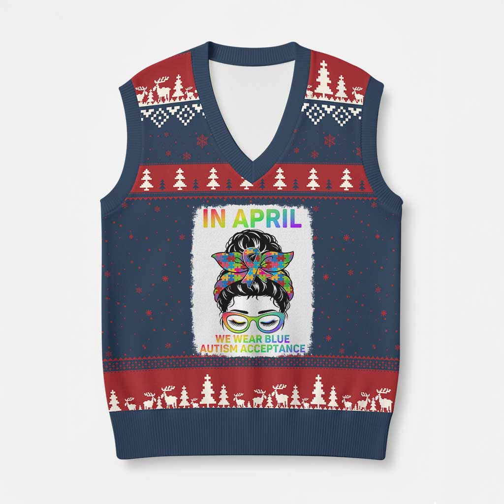 Autism Acceptance V-Neck Knit Sweater Vest Neurodivergent Support Messy Bun Ribbon Puzzle