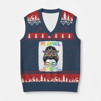 Autism Acceptance V-Neck Knit Sweater Vest Neurodivergent Support Messy Bun Ribbon Puzzle