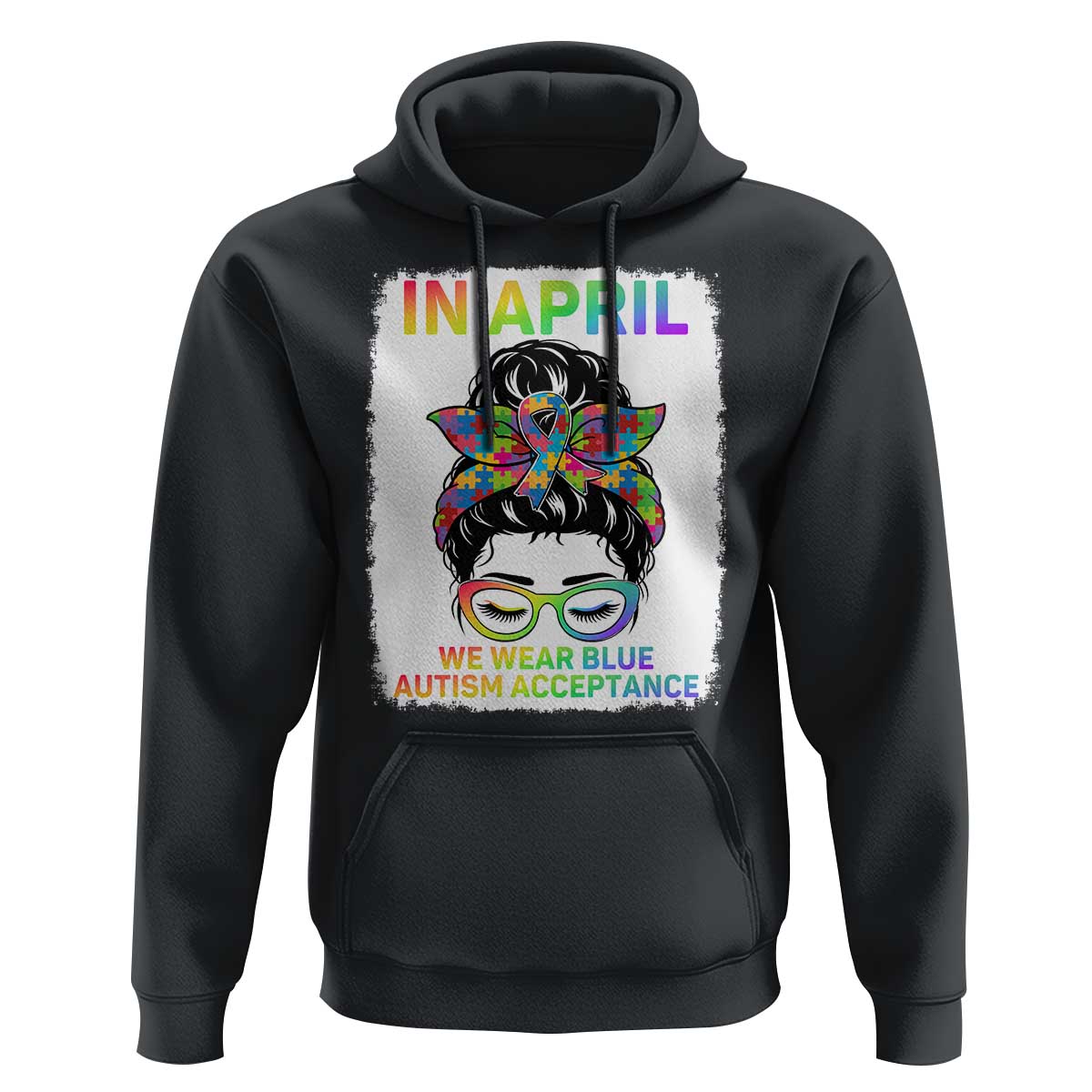 Autism Acceptance Hoodie Neurodivergent Support Messy Bun Ribbon Puzzle