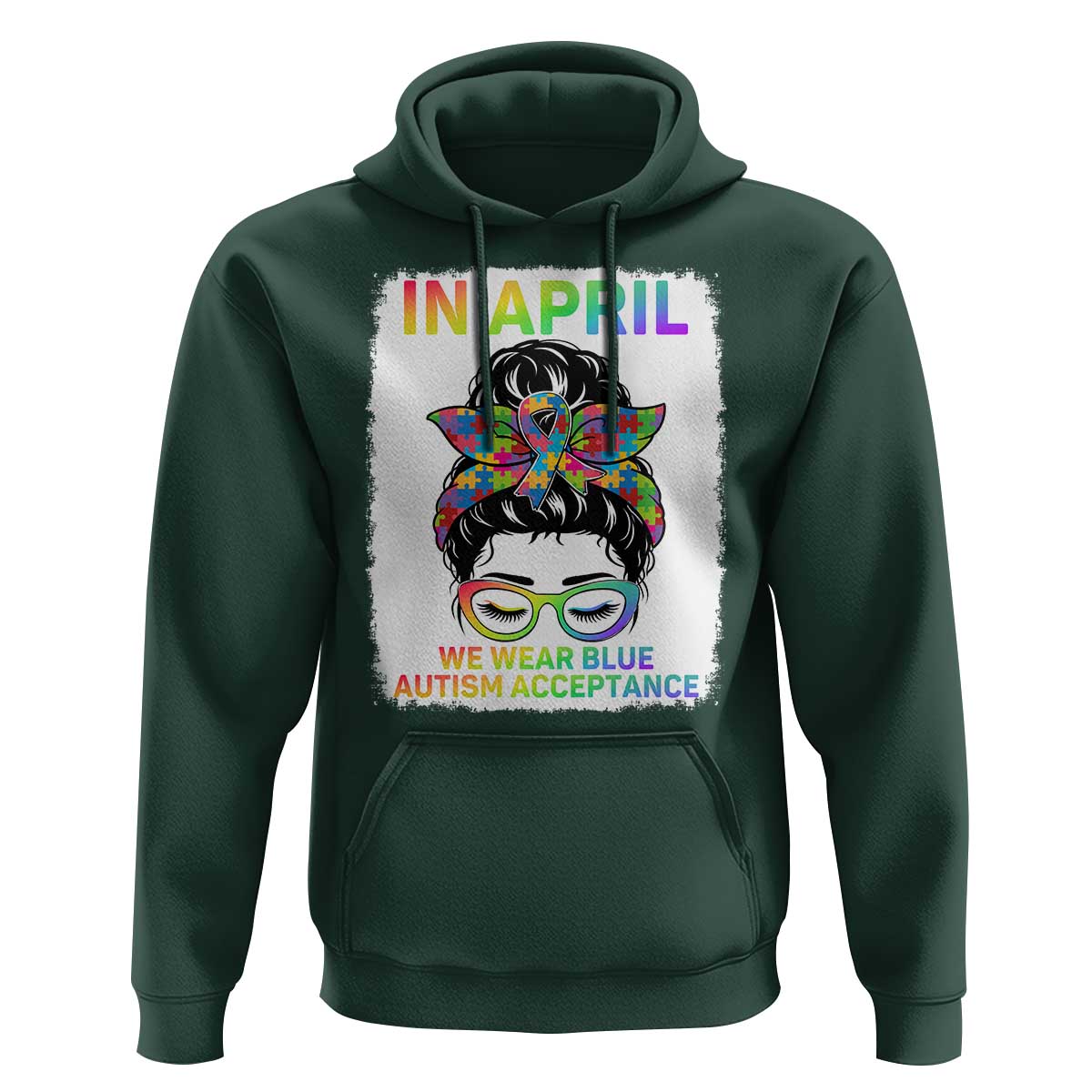 Autism Acceptance Hoodie Neurodivergent Support Messy Bun Ribbon Puzzle