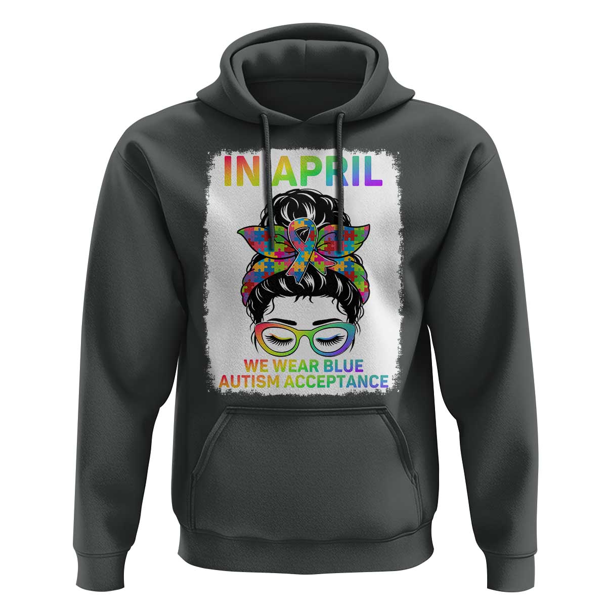 Autism Acceptance Hoodie Neurodivergent Support Messy Bun Ribbon Puzzle
