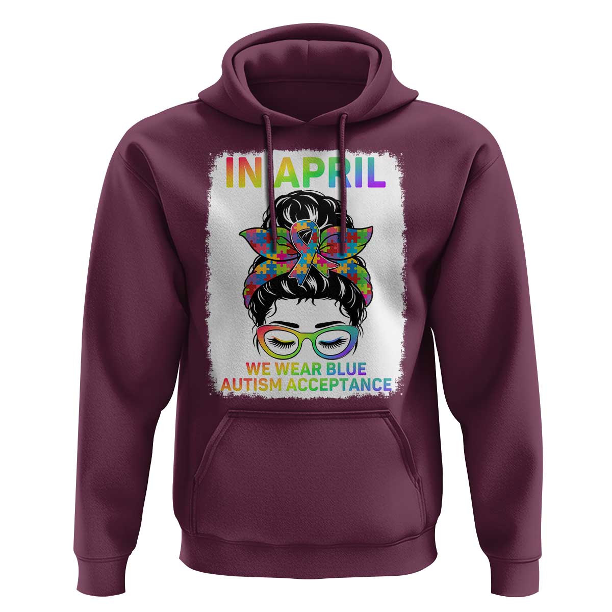 Autism Acceptance Hoodie Neurodivergent Support Messy Bun Ribbon Puzzle