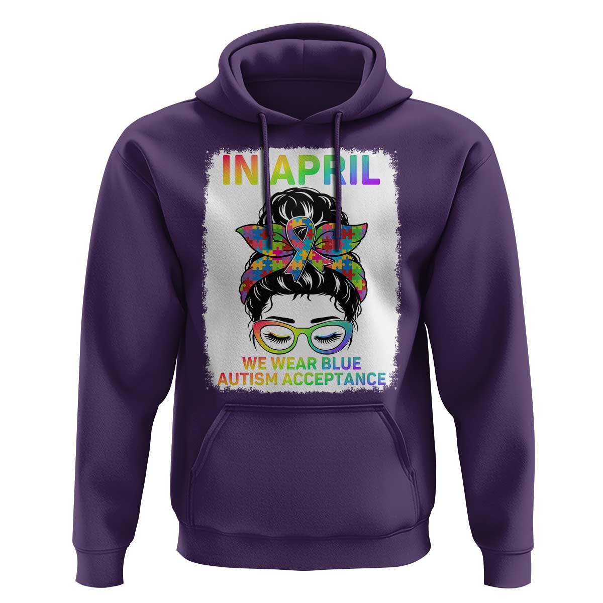 Autism Acceptance Hoodie Neurodivergent Support Messy Bun Ribbon Puzzle