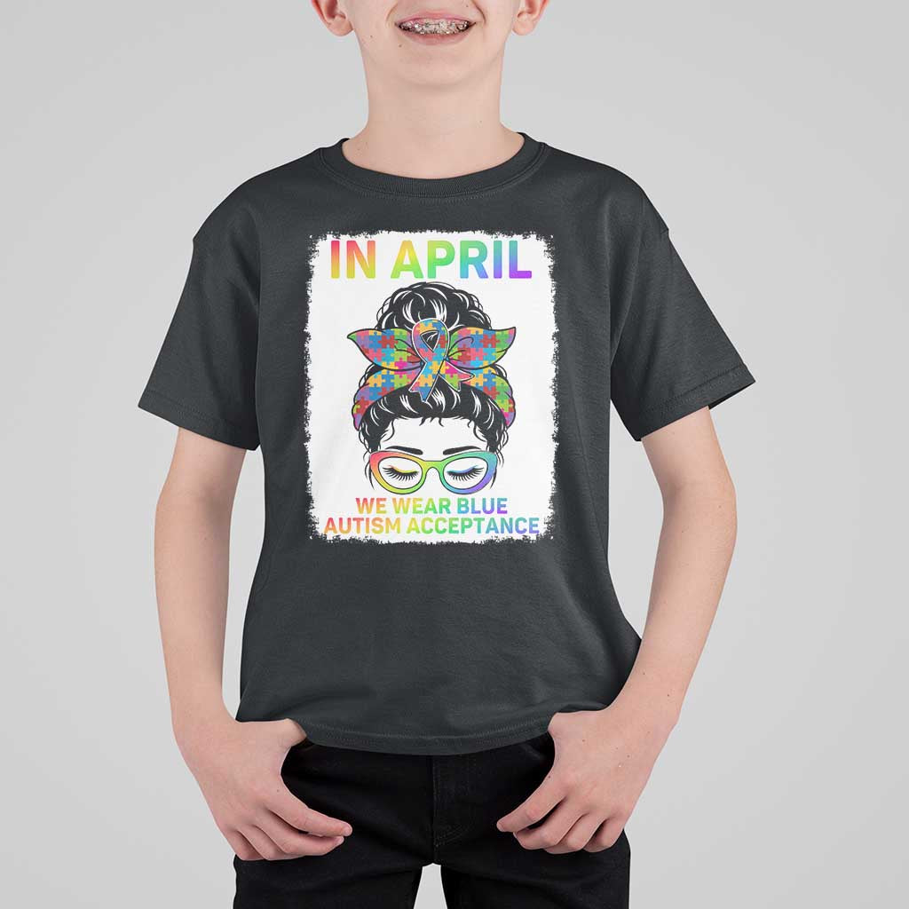Autism Acceptance T Shirt For Kid Neurodivergent Support Messy Bun Ribbon Puzzle