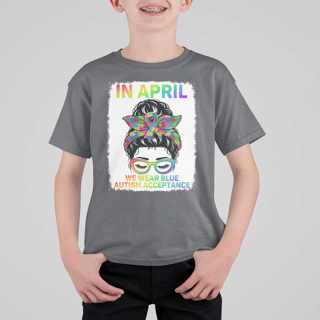 Autism Acceptance T Shirt For Kid Neurodivergent Support Messy Bun Ribbon Puzzle