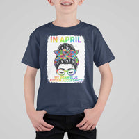 Autism Acceptance T Shirt For Kid Neurodivergent Support Messy Bun Ribbon Puzzle
