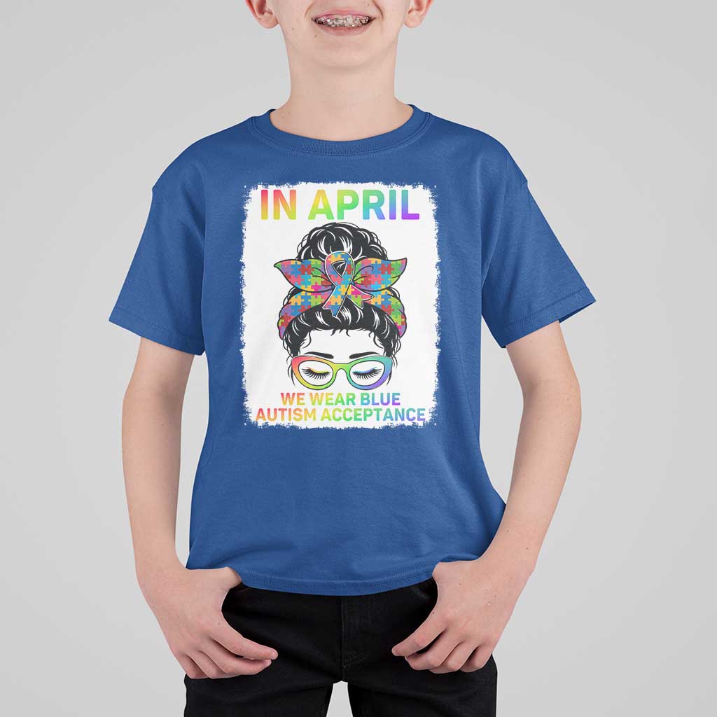 Autism Acceptance T Shirt For Kid Neurodivergent Support Messy Bun Ribbon Puzzle