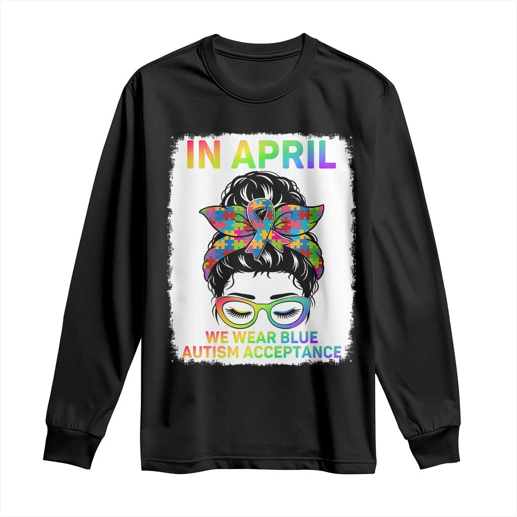 Autism Acceptance Long Sleeve Shirt Neurodivergent Support Messy Bun Ribbon Puzzle
