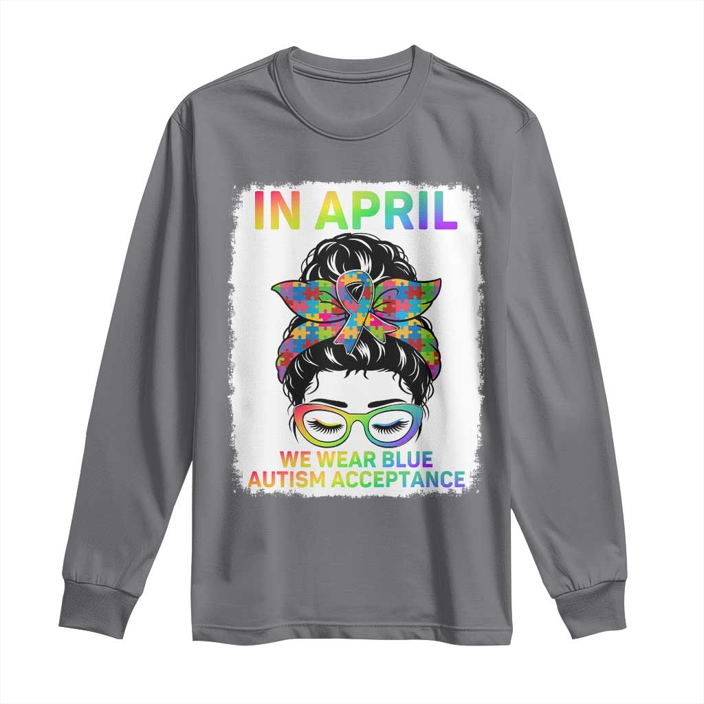 Autism Acceptance Long Sleeve Shirt Neurodivergent Support Messy Bun Ribbon Puzzle