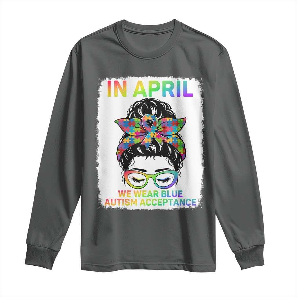 Autism Acceptance Long Sleeve Shirt Neurodivergent Support Messy Bun Ribbon Puzzle