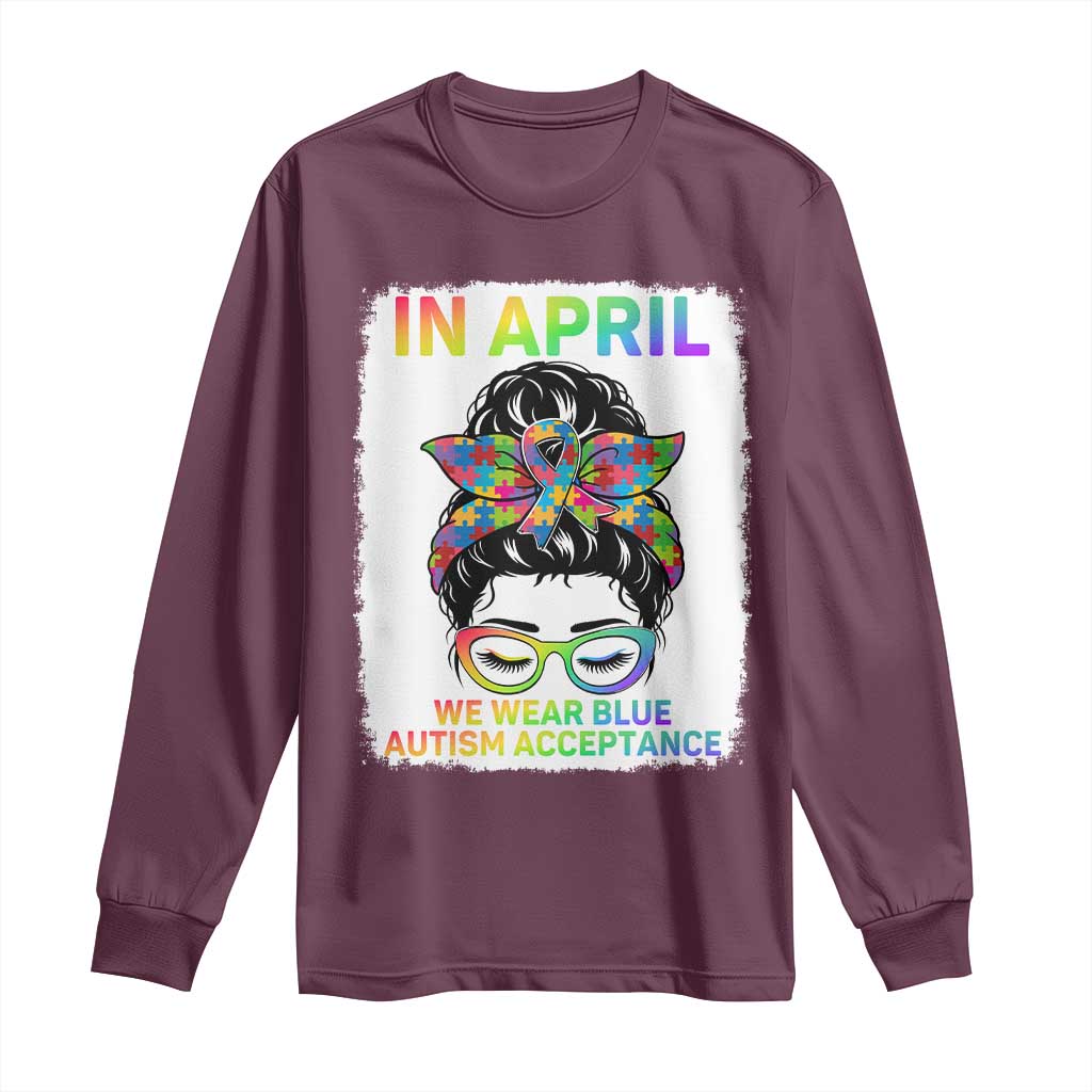 Autism Acceptance Long Sleeve Shirt Neurodivergent Support Messy Bun Ribbon Puzzle