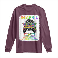 Autism Acceptance Long Sleeve Shirt Neurodivergent Support Messy Bun Ribbon Puzzle