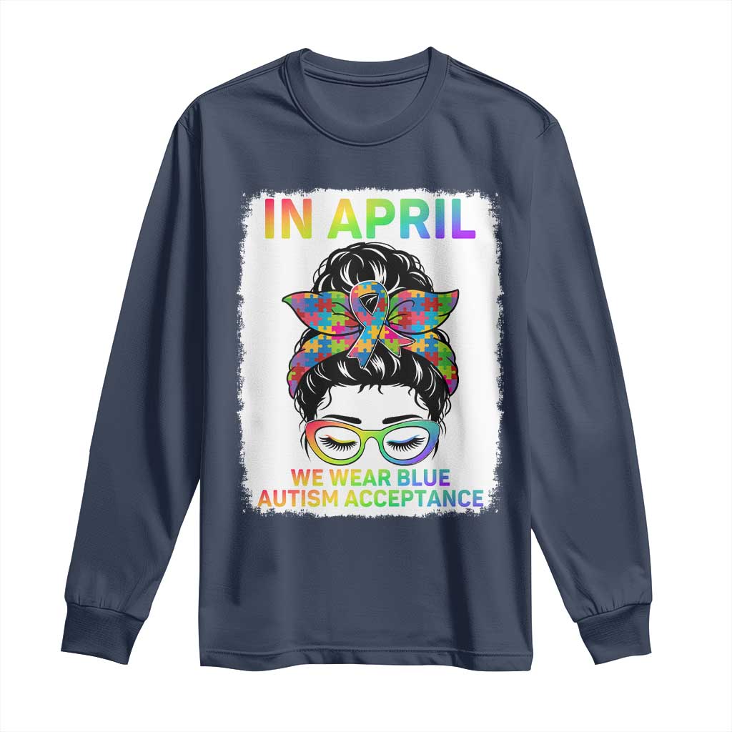 Autism Acceptance Long Sleeve Shirt Neurodivergent Support Messy Bun Ribbon Puzzle