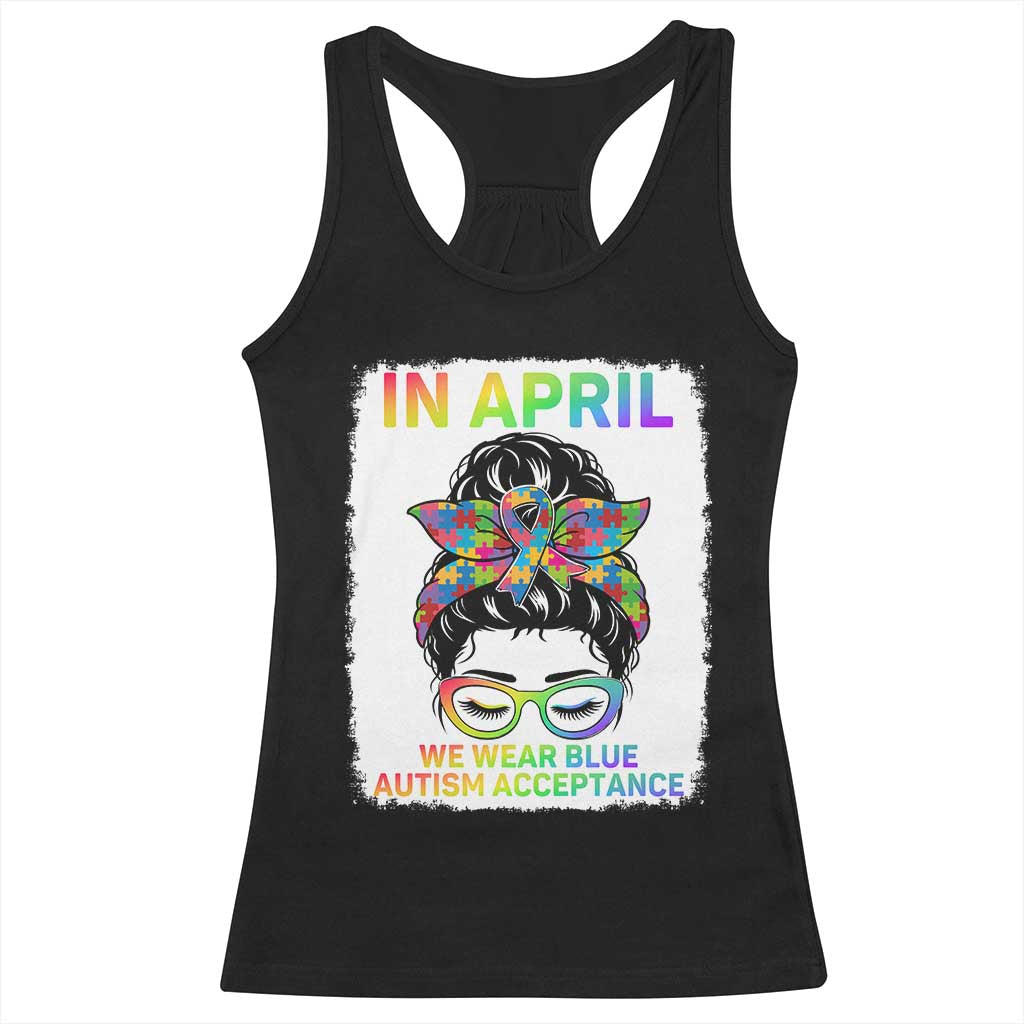 Autism Acceptance Racerback Tank Top Neurodivergent Support Messy Bun Ribbon Puzzle