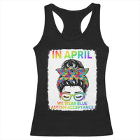 Autism Acceptance Racerback Tank Top Neurodivergent Support Messy Bun Ribbon Puzzle