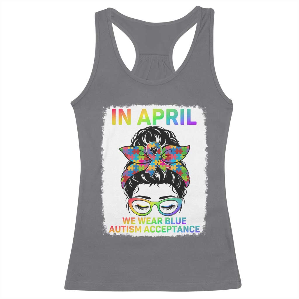 Autism Acceptance Racerback Tank Top Neurodivergent Support Messy Bun Ribbon Puzzle