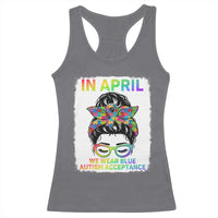 Autism Acceptance Racerback Tank Top Neurodivergent Support Messy Bun Ribbon Puzzle