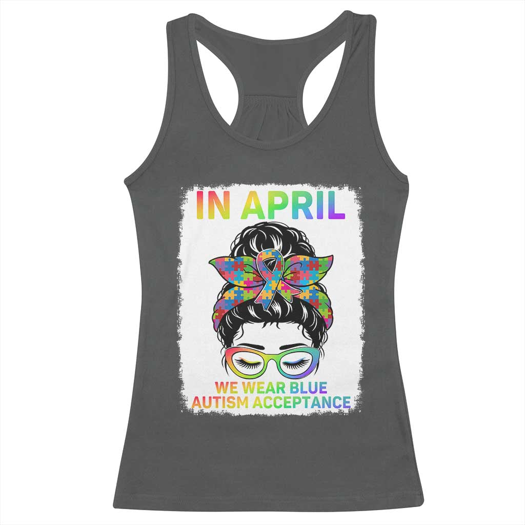 Autism Acceptance Racerback Tank Top Neurodivergent Support Messy Bun Ribbon Puzzle