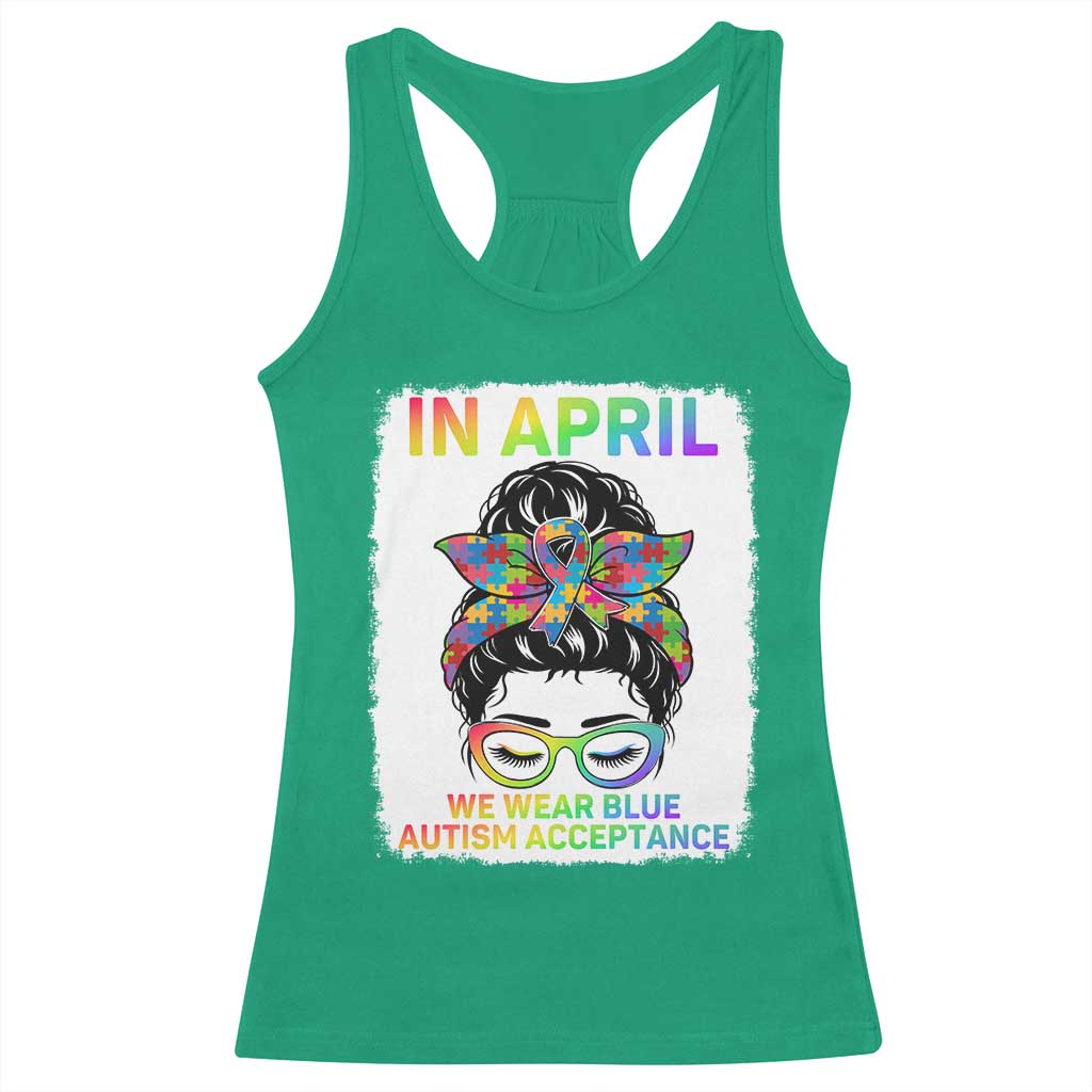 Autism Acceptance Racerback Tank Top Neurodivergent Support Messy Bun Ribbon Puzzle