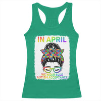 Autism Acceptance Racerback Tank Top Neurodivergent Support Messy Bun Ribbon Puzzle