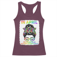 Autism Acceptance Racerback Tank Top Neurodivergent Support Messy Bun Ribbon Puzzle
