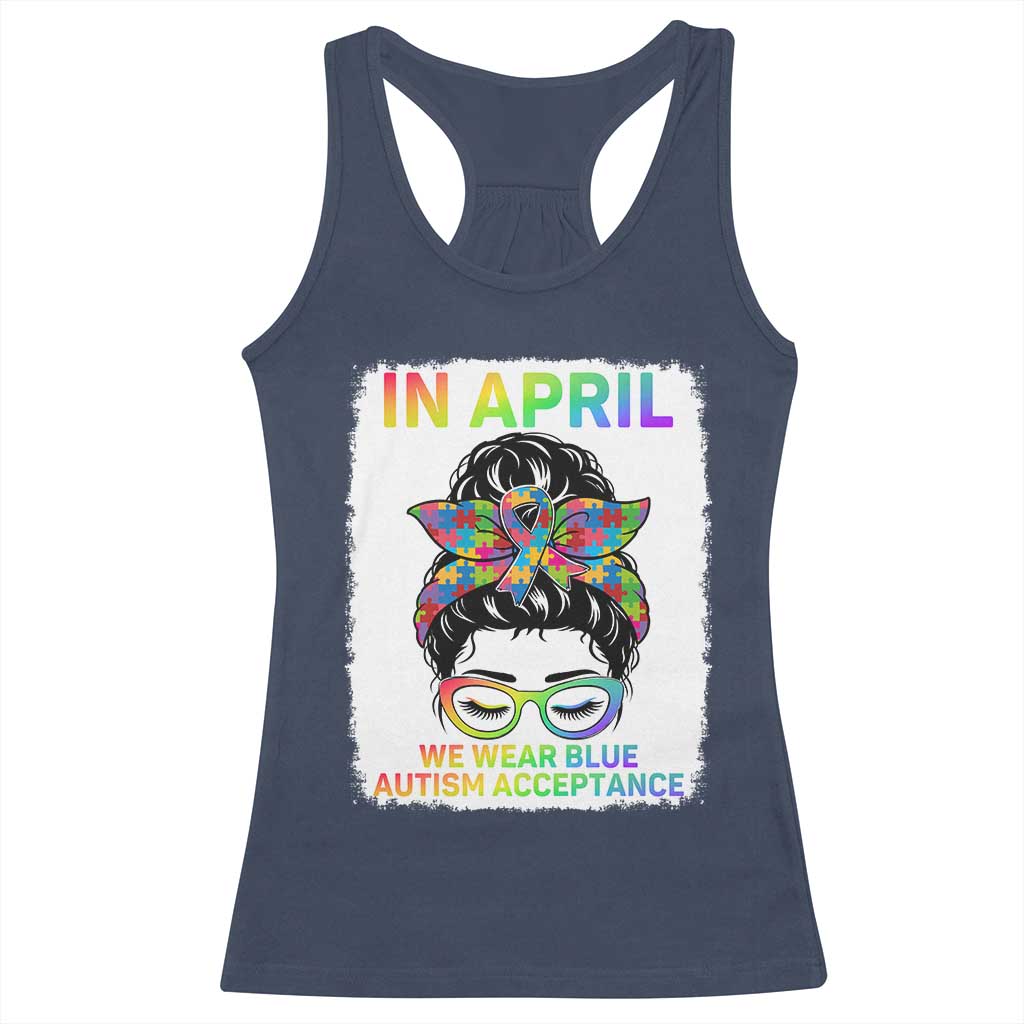 Autism Acceptance Racerback Tank Top Neurodivergent Support Messy Bun Ribbon Puzzle