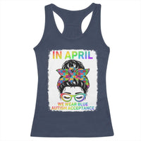 Autism Acceptance Racerback Tank Top Neurodivergent Support Messy Bun Ribbon Puzzle