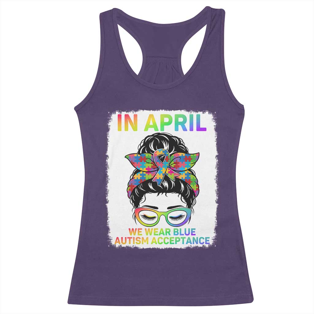 Autism Acceptance Racerback Tank Top Neurodivergent Support Messy Bun Ribbon Puzzle