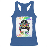 Autism Acceptance Racerback Tank Top Neurodivergent Support Messy Bun Ribbon Puzzle