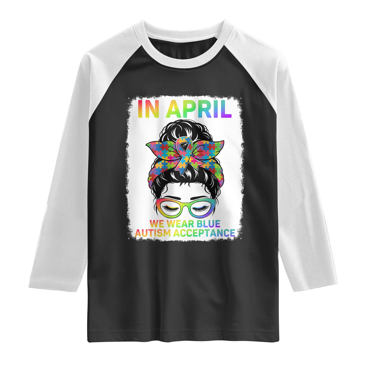 Autism Acceptance Raglan Shirt Neurodivergent Support Messy Bun Ribbon Puzzle