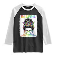 Autism Acceptance Raglan Shirt Neurodivergent Support Messy Bun Ribbon Puzzle