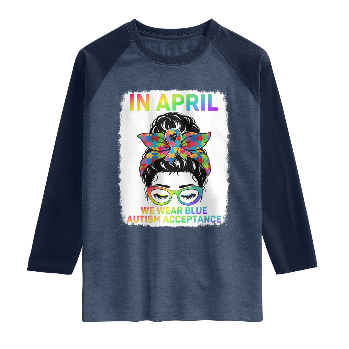 Autism Acceptance Raglan Shirt Neurodivergent Support Messy Bun Ribbon Puzzle