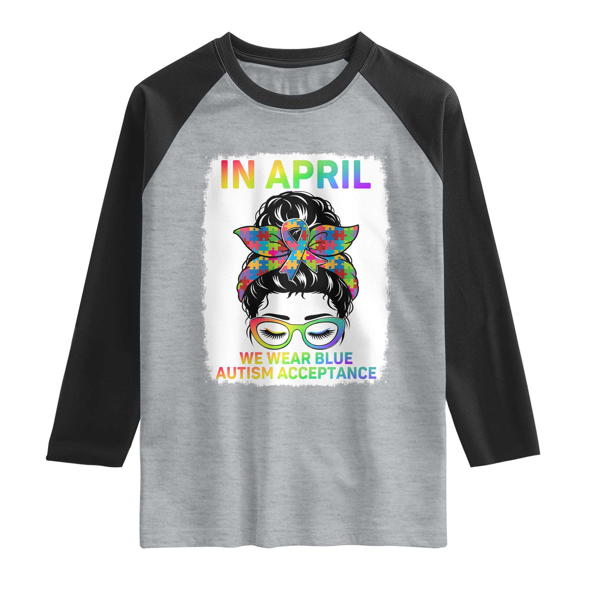 Autism Acceptance Raglan Shirt Neurodivergent Support Messy Bun Ribbon Puzzle