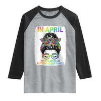 Autism Acceptance Raglan Shirt Neurodivergent Support Messy Bun Ribbon Puzzle