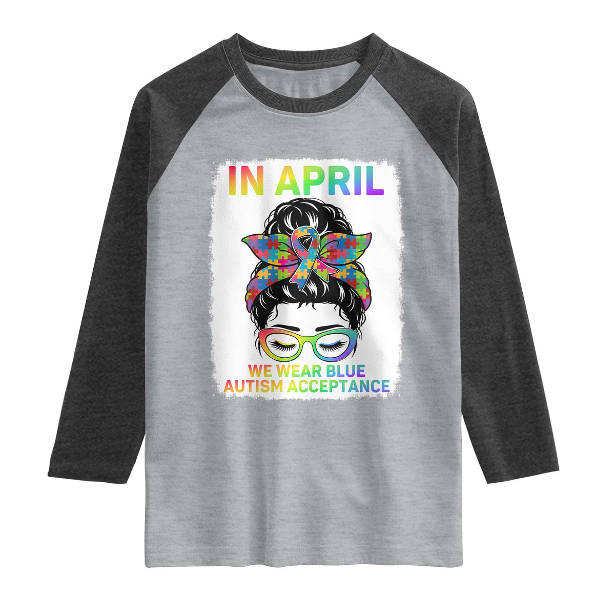 Autism Acceptance Raglan Shirt Neurodivergent Support Messy Bun Ribbon Puzzle
