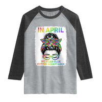 Autism Acceptance Raglan Shirt Neurodivergent Support Messy Bun Ribbon Puzzle