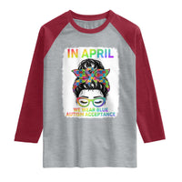 Autism Acceptance Raglan Shirt Neurodivergent Support Messy Bun Ribbon Puzzle