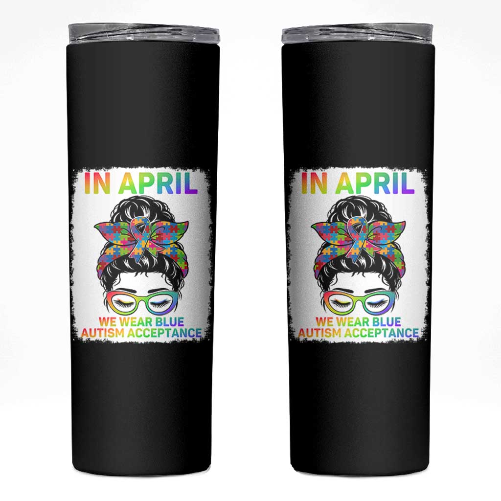 Autism Acceptance Skinny Tumbler Neurodivergent Support Messy Bun Ribbon Puzzle