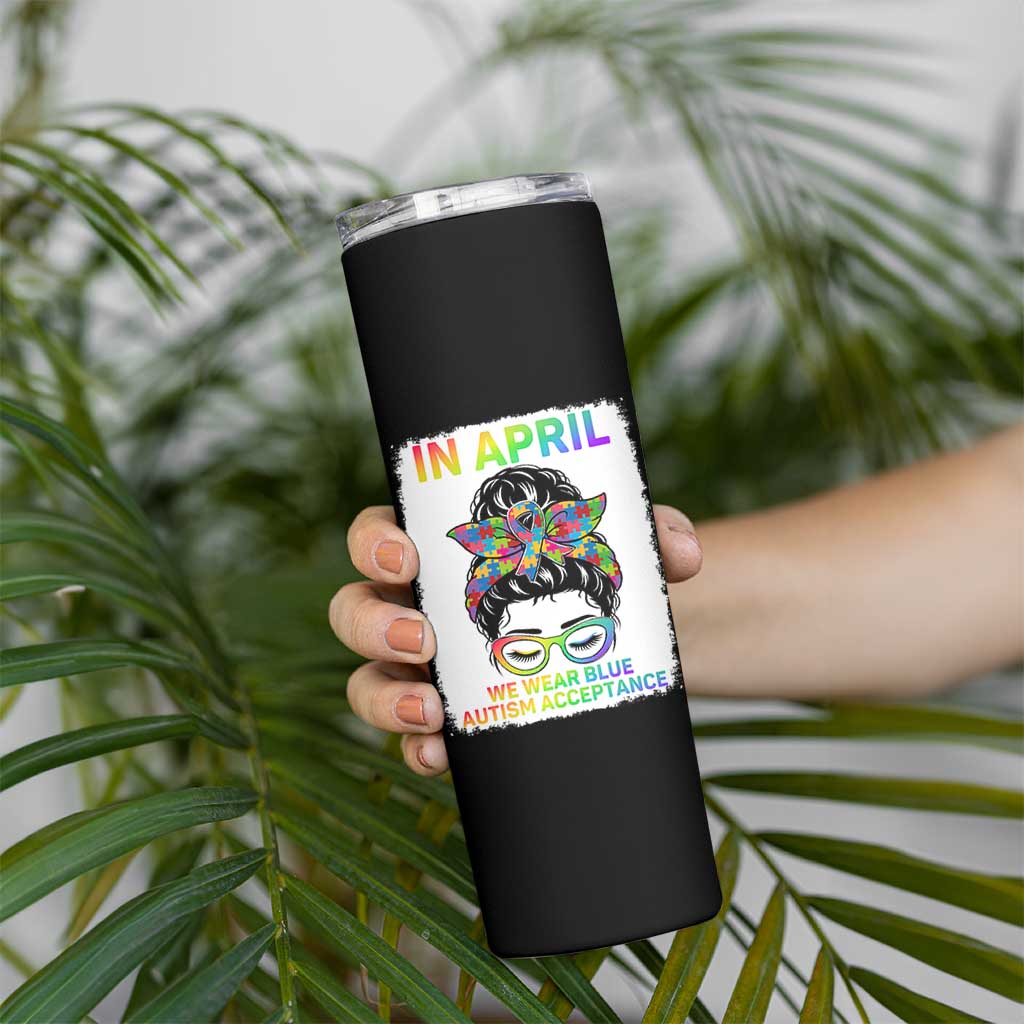 Autism Acceptance Skinny Tumbler Neurodivergent Support Messy Bun Ribbon Puzzle